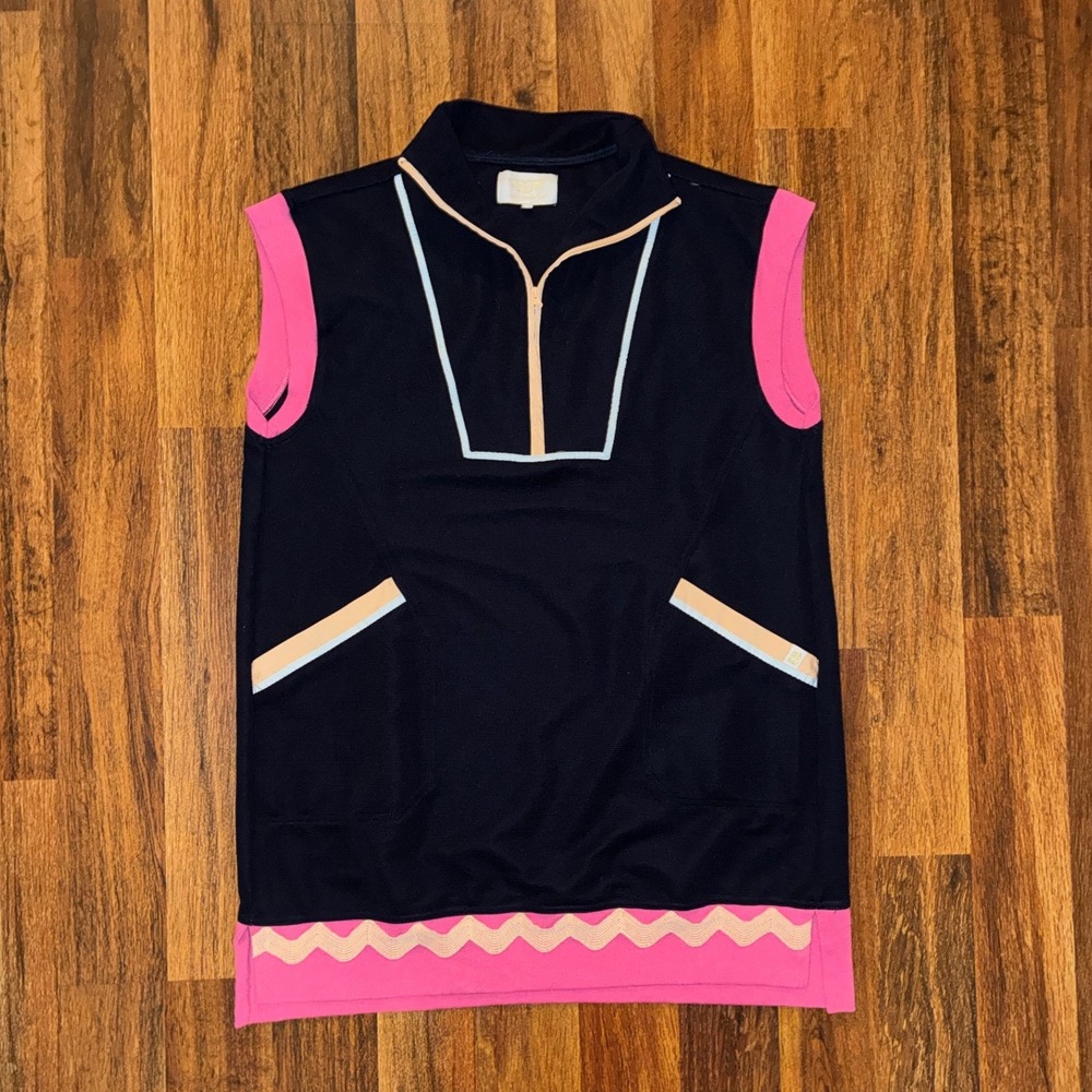 Simply Southern Navy Blue Pink Ribbed Sleeveless Quarter Zip Tunic Vest XL